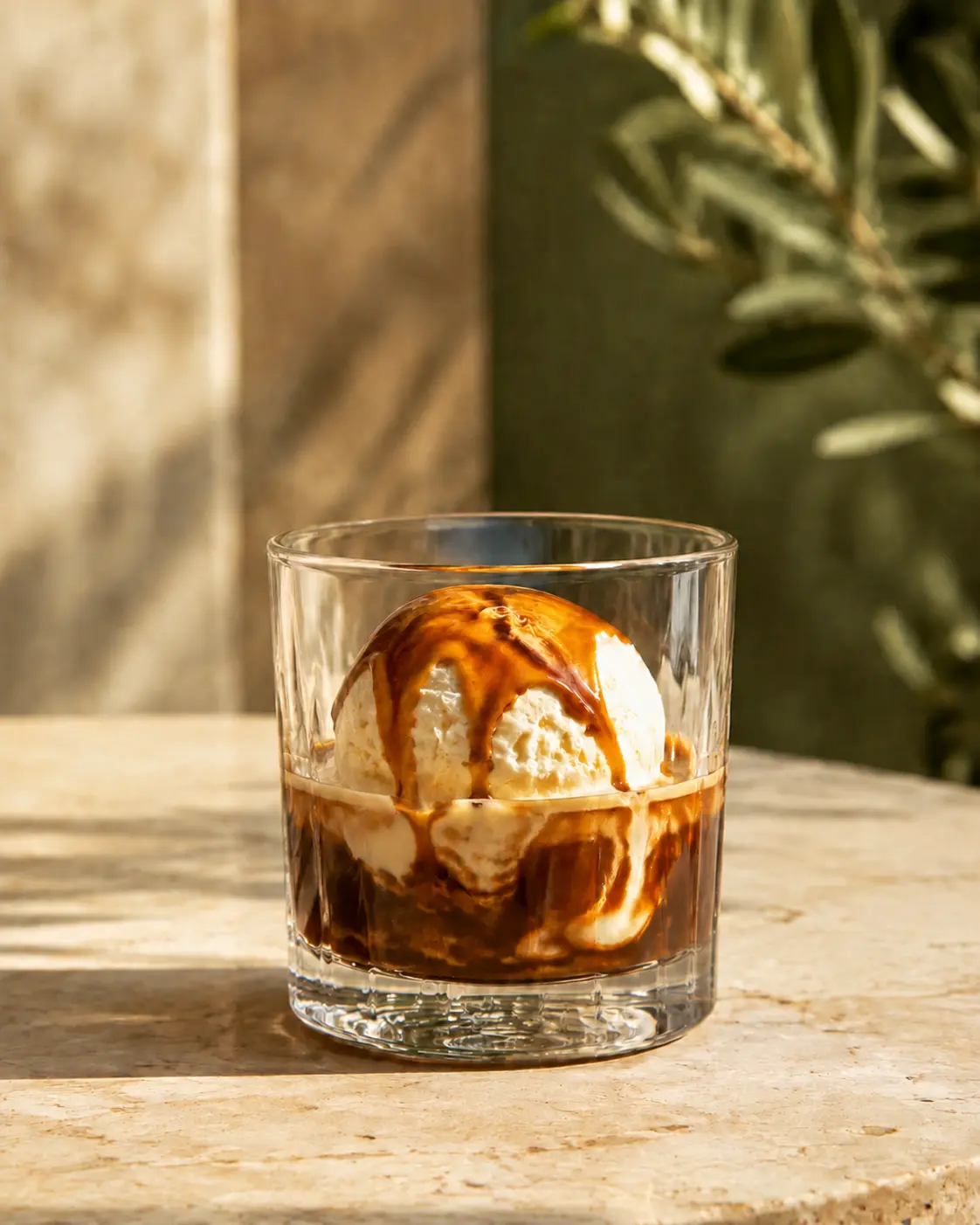 Vanilla gelato and espresso Affogato in warm afternoon light