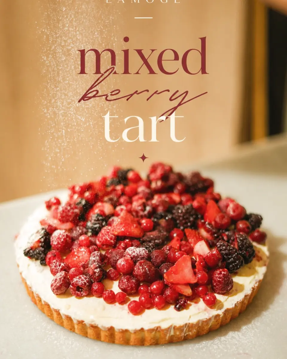 Lamoge mixed berry tart with strawberries, raspberries, currants, and blackberries