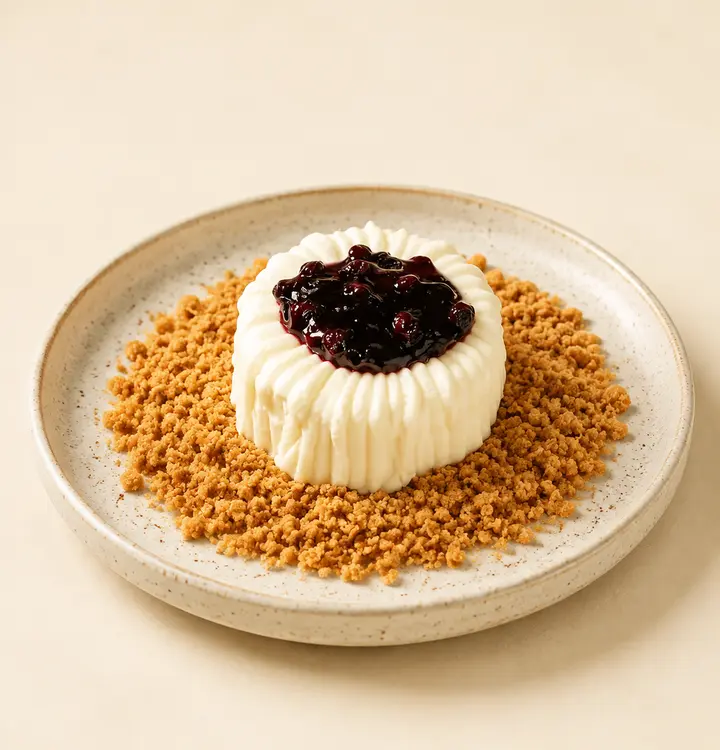 Blueberry cheesecake served with biscuit crumbs in warm sunlight