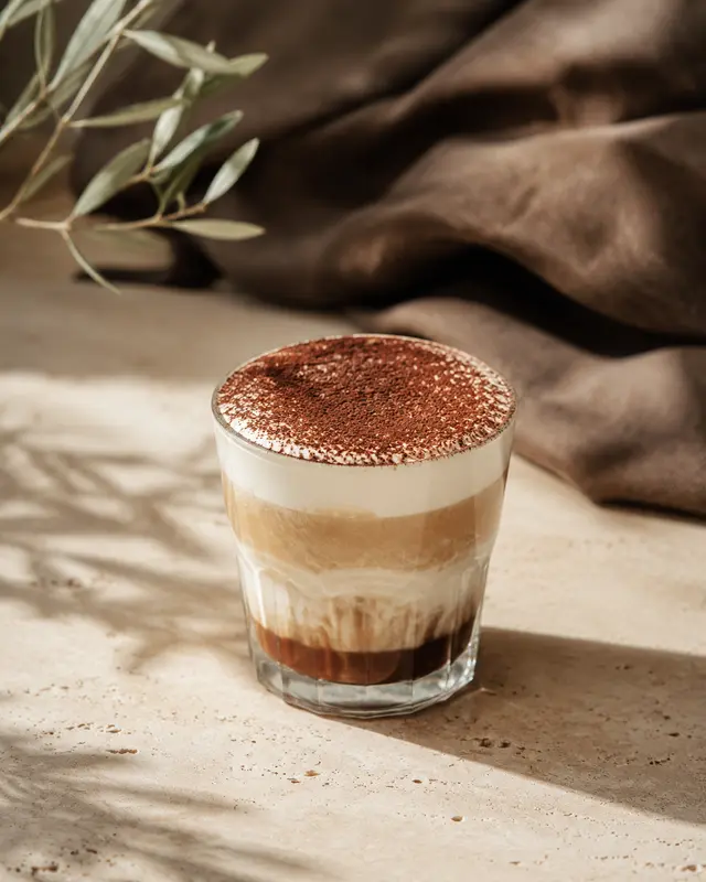 Layered Tiramisu Latte finished with a cocoa-dusted cream top