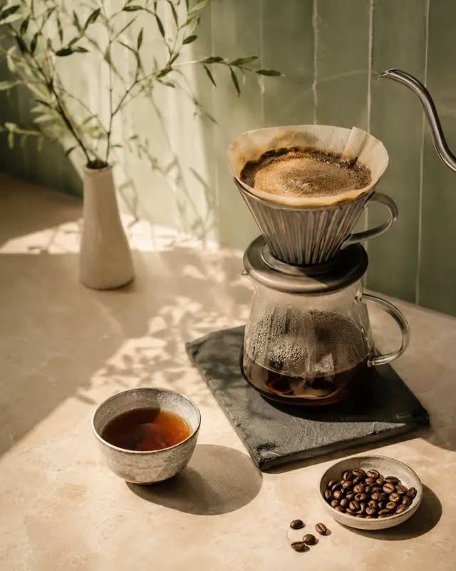 V60 pour-over coffee and glass carafe in warm sunlight